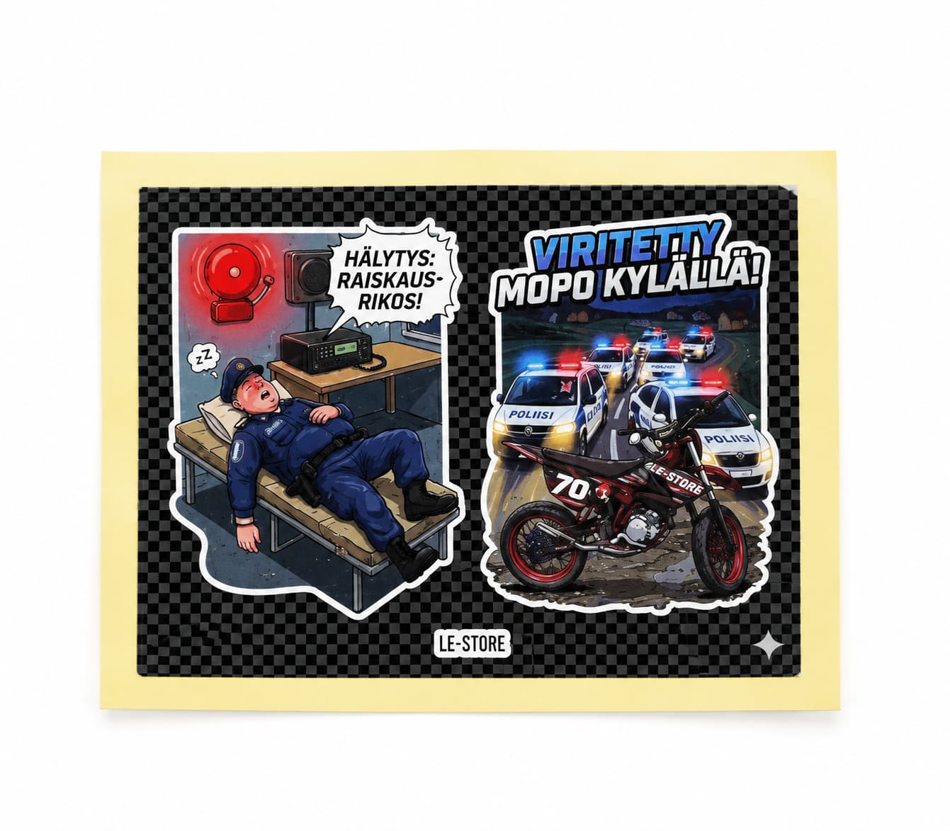 viritetty mopo kylällä tarra